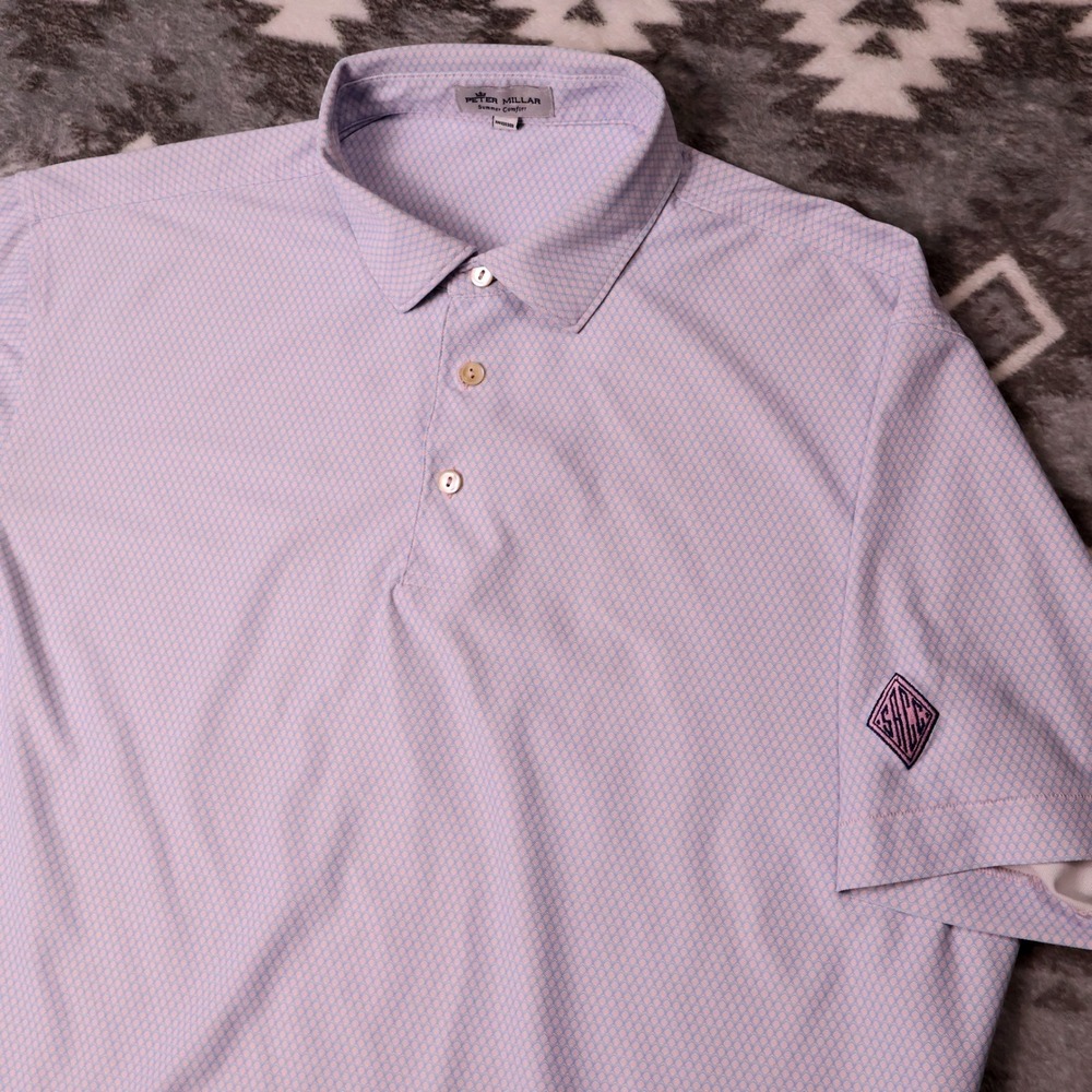 Peter Millar Summer Comfort Polo Shirt Mens L Purple Pink Geometric SHCC Logo